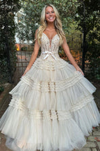 Load image into Gallery viewer, Champagne A-Line Off The Shoulder Long Tulle Prom Dress With Split And Sash