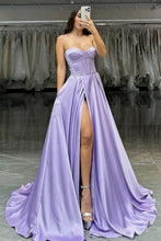 Load image into Gallery viewer, Pretty A-Line Sweetheart Long Satin Prom Party Dress with High Slit