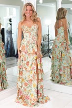 Load image into Gallery viewer, Pretty A Line Spaghetti Straps Light Green Floral Printed Corset Prom Dress with Ruffles