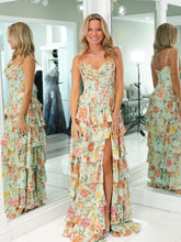 Load image into Gallery viewer, Pretty A Line Spaghetti Straps Light Green Floral Printed Corset Prom Dress with Ruffles