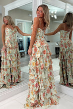 Load image into Gallery viewer, Pretty A Line Spaghetti Straps Light Green Floral Printed Corset Prom Dress with Ruffles