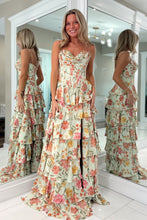 Load image into Gallery viewer, Pretty A Line Spaghetti Straps Light Green Floral Printed Corset Prom Dress with Ruffles
