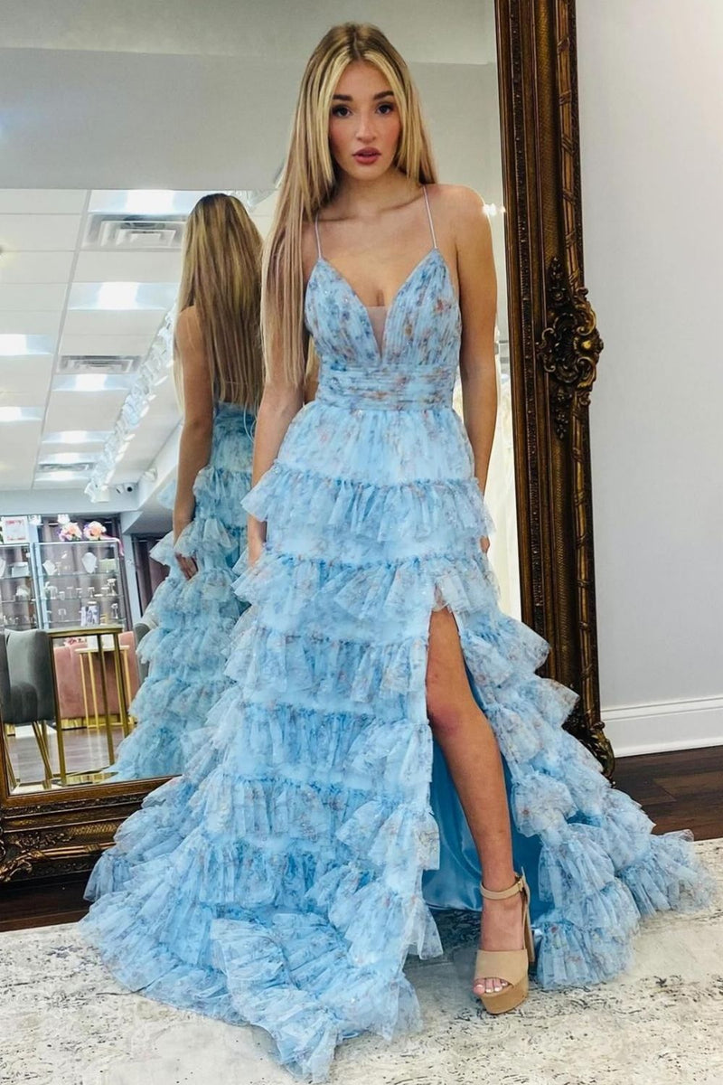 Ethereal A-Line Spaghetti Strap Lace Tulle Prom Dress with Slit
