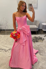 Load image into Gallery viewer, Pretty A Line Strapless Pink Corset Prom Dress with Bowknot Pearls