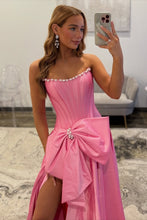Load image into Gallery viewer, Pretty A Line Strapless Pink Corset Prom Dress with Bowknot Pearls
