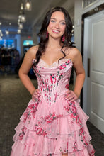 Load image into Gallery viewer, Pretty A Line Sweetheart Pink Corset Prom Dress with Appliques Ruffles