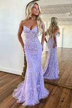 Load image into Gallery viewer, Pretty Lilac Mermaid Sweetheart Lace Up Long Tulle Prom Dress with Appliques