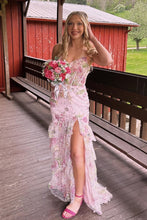 Load image into Gallery viewer, Pretty Mermaid Spaghetti Straps Pink Corset Prom Dress with Appliques