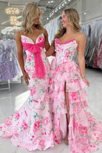 Load image into Gallery viewer, Sweety Mermaid Spaghetti Straps Pink Floral Printed Long Prom Dress with Bowknot