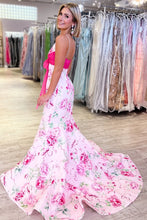 Load image into Gallery viewer, Sweety Mermaid Spaghetti Straps Pink Floral Printed Long Prom Dress with Bowknot
