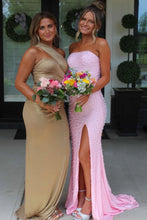 Load image into Gallery viewer, Pretty Mermaid Strapless Pink Long Prom Dress with Pearls