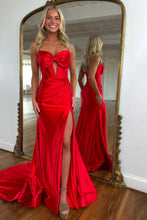 Load image into Gallery viewer, Cute Red Mermaid Strapless Long Satin Prom Dress with Slit and Bowknot