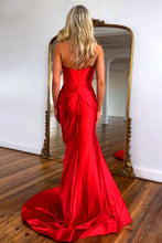 Load image into Gallery viewer, Cute Red Mermaid Strapless Long Satin Prom Dress with Slit and Bowknot