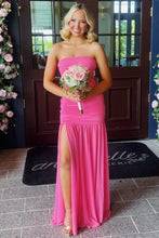 Load image into Gallery viewer, Pretty Sheath Strapless Hot Pink Long Prom Dress with Split Front
