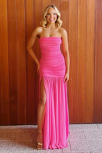 Load image into Gallery viewer, Pretty Sheath Strapless Hot Pink Long Prom Dress with Split Front