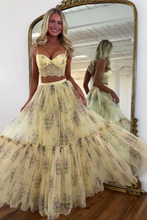 Load image into Gallery viewer, Pretty Two Piece Spaghetti Straps Yellow Long Prom Dress with Lace Ruffles