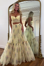 Load image into Gallery viewer, Pretty Two Piece Spaghetti Straps Yellow Long Prom Dress with Lace Ruffles