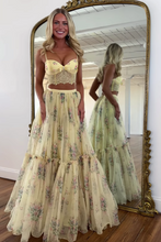 Load image into Gallery viewer, Pretty Two Piece Spaghetti Straps Yellow Long Prom Dress with Lace Ruffles