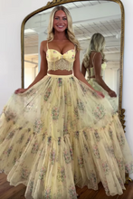 Load image into Gallery viewer, Pretty Two Piece Spaghetti Straps Yellow Long Prom Dress with Lace Ruffles