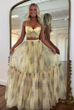 Load image into Gallery viewer, Pretty Two Piece Spaghetti Straps Yellow Long Prom Dress with Lace Ruffles