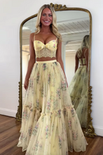 Load image into Gallery viewer, Pretty Two Piece Spaghetti Straps Yellow Long Prom Dress with Lace Ruffles