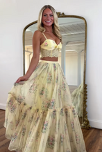 Load image into Gallery viewer, Pretty Two Piece Spaghetti Straps Yellow Long Prom Dress with Lace Ruffles
