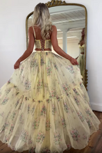Load image into Gallery viewer, Pretty Two Piece Spaghetti Straps Yellow Long Prom Dress with Lace Ruffles