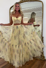 Load image into Gallery viewer, Pretty Two Piece Spaghetti Straps Yellow Long Prom Dress with Lace Ruffles