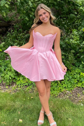 Pretty Pink A-Line Strapless Short Satin Homecoming Dress With Beading