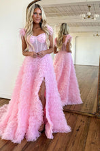 Load image into Gallery viewer, Stunning A-Line Feather Straps Long Ruffle Tulle Prom Dress With Split