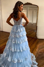 Load image into Gallery viewer, Princess A-Line Spaghetti Straps Long Glitter Prom Dress With Appliques