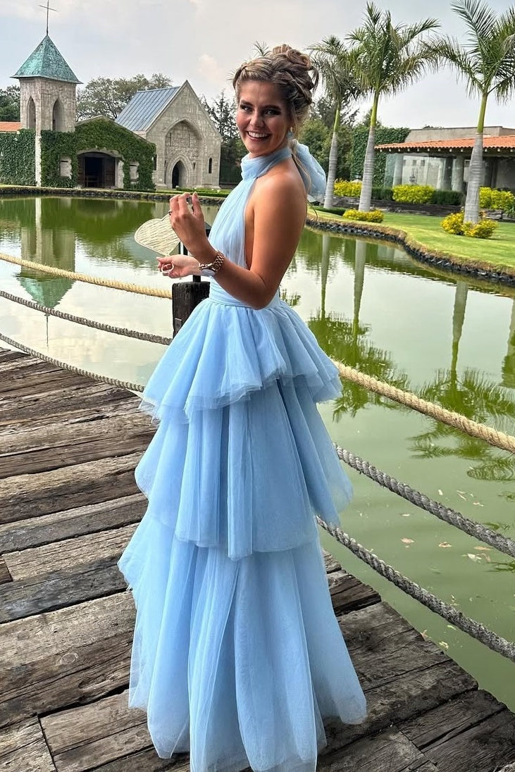 Princess A Line Halter Neck Blue Tulle Long Prom Dress with Ruffles