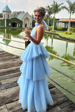 Load image into Gallery viewer, Princess A Line Halter Neck Blue Tulle Long Prom Dress with Ruffles