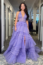 Load image into Gallery viewer, Princess A Line Halter Neck Lilac Corset Prom Dress with Ruffles