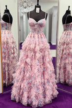 Load image into Gallery viewer, Princess A Line Spaghetti Straps Pink Corset Prom Dress with Pearls