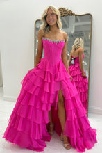 Load image into Gallery viewer, Princess A Line Strapless Hot Pink Corset Prom Dress with Beading Ruffles