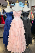 Load image into Gallery viewer, Princess A Line Strapless Hot Pink Corset Prom Dress with Beading Ruffles