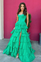 Load image into Gallery viewer, Princess A Line Strapless Hot Pink Corset Prom Dress with Beading Ruffles