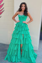 Load image into Gallery viewer, Princess A Line Strapless Hot Pink Corset Prom Dress with Beading Ruffles