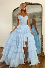 Load image into Gallery viewer, Princess A Line Sweetheart Pink Corset Prom Dress with Appliques Ruffles