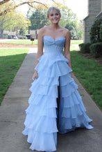 Load image into Gallery viewer, Princess A Line Sweetheart Light Blue Corset Prom Dress with Appliques Ruffles