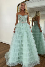 Load image into Gallery viewer, Stunning A Line Sweetheart Mint Green Tiered Tulle Corset Prom Dress with Floral