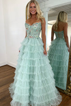 Load image into Gallery viewer, Stunning A Line Sweetheart Mint Green Tiered Tulle Corset Prom Dress with Floral