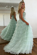 Load image into Gallery viewer, Stunning A Line Sweetheart Mint Green Tiered Tulle Corset Prom Dress with Floral
