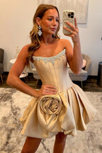 Load image into Gallery viewer, Princess-Inspired Strapless Pink Homecoming Dress with Bubble Hem and 3D Rose Accent