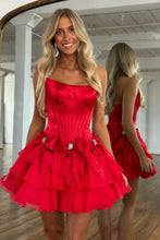 Load image into Gallery viewer, Princess A Line Strapless Blue Corset Homecoming Dress with Bowknot Beading