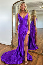 Load image into Gallery viewer, Purple Mermaid V-Neck Zipper Back Satin Long Prom Dress With Split
