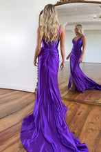 Load image into Gallery viewer, Purple Mermaid V-Neck Zipper Back Satin Long Prom Dress With Split