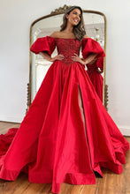 Load image into Gallery viewer, Red A-Line Off The Shoulder Court Train Satin Prom Dress With Split