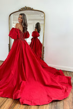 Load image into Gallery viewer, Red A-Line Off The Shoulder Court Train Satin Prom Dress With Split